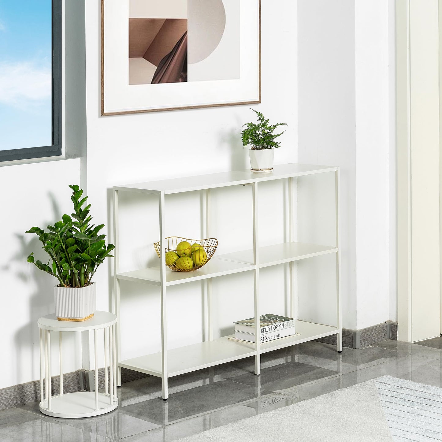 HDANI 100cm Metal Console Table with 3 Tier Strage Shelves,Narrow Entryway Table,Modern Sofa Tables for Entryway, Living Room,Bedroom,White