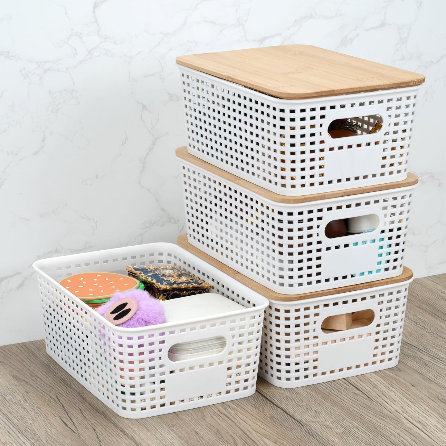 LYHLYA Stackable Storage Bins with Bamboo Lids, 6-Pack, BPA-Free Plastic, 5.1 Qt Capacity, Side Handle, 10x7.2x4.13 Inch, for Home Organization