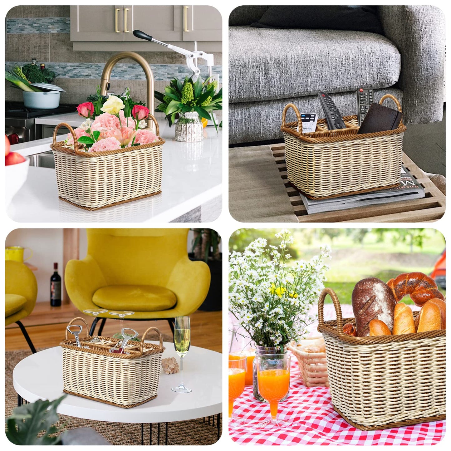 HEMOTON Storage Basket Woven White and Brown Mixed Featuring Handle for Easy Carrying As Kitchen Storage Container Divided Sections for Organizing