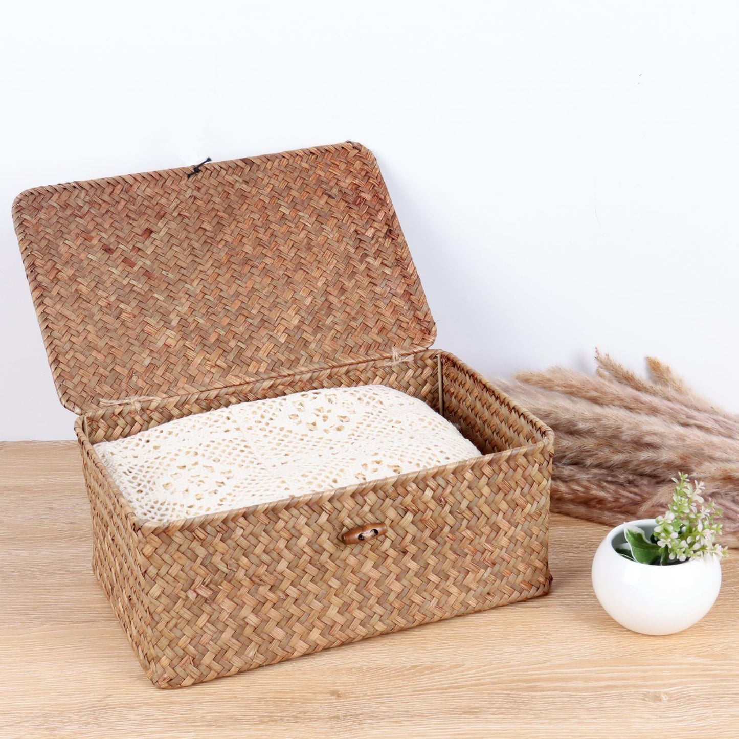 FEIALNDUO Wicker Shelf Baskets with Lid,Seagrass Storage Basket Bins Rectangular Handwoven Basket Boxes for Shelves Desktop Home Organizer