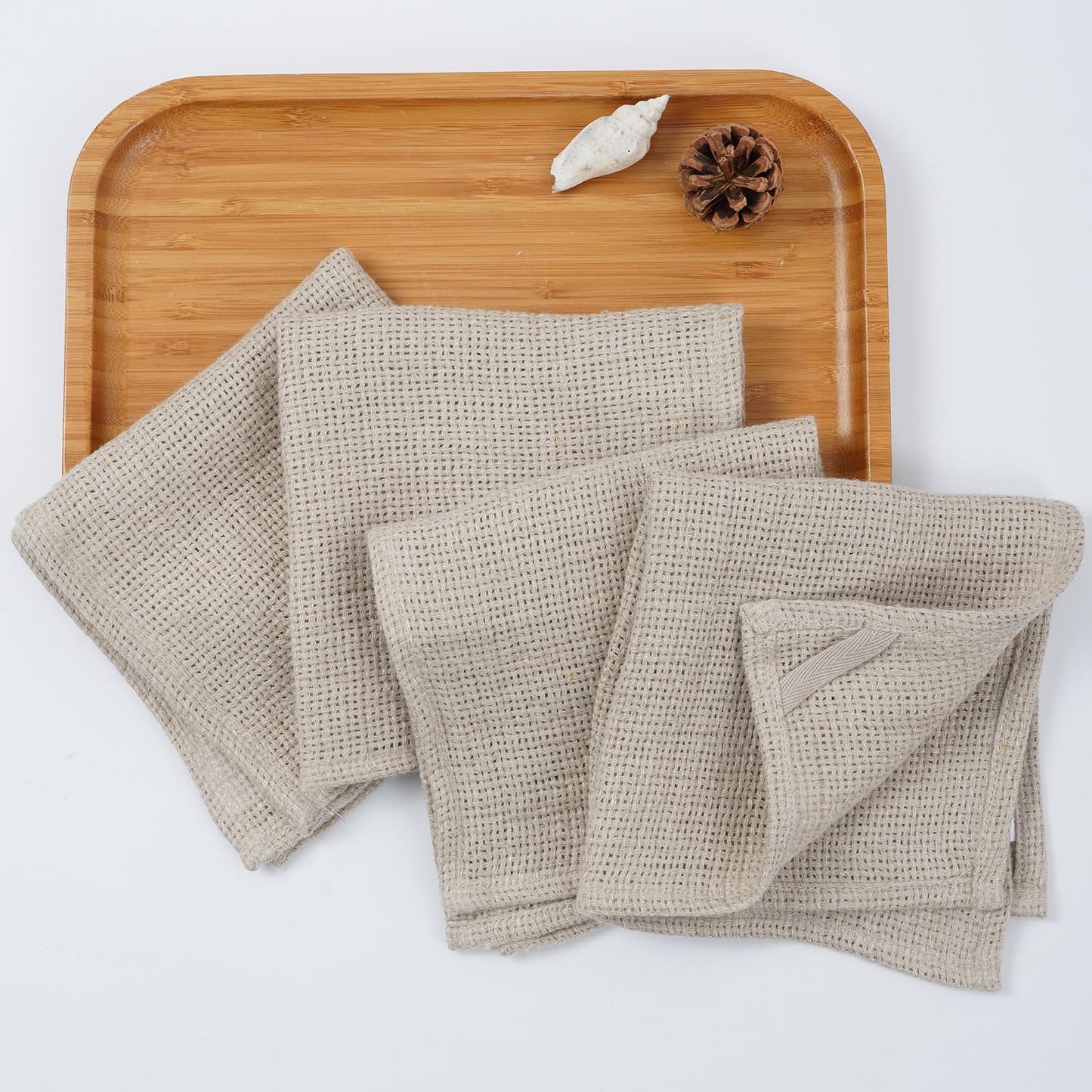 HSOFTIFY 100% Linen Face Cloth for Washing 4 Pack with Hanging Loop, Nature