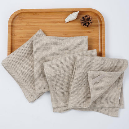 HSOFTIFY 100% Linen Face Cloth for Washing 4 Pack with Hanging Loop, Nature