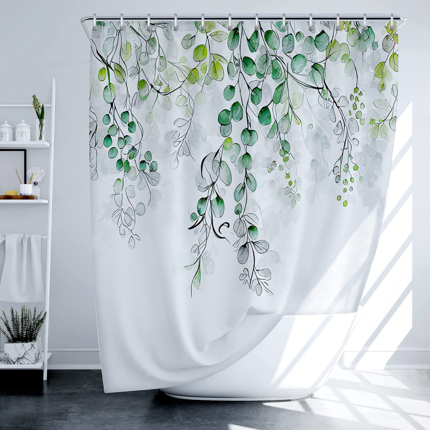LIVETTY Shower Curtain 180×180cm Plant Bathroom Decoration Leaves Shower Curtains Mould Proof Floral Shower Curtain Fabric Bathroom Curtain with 12