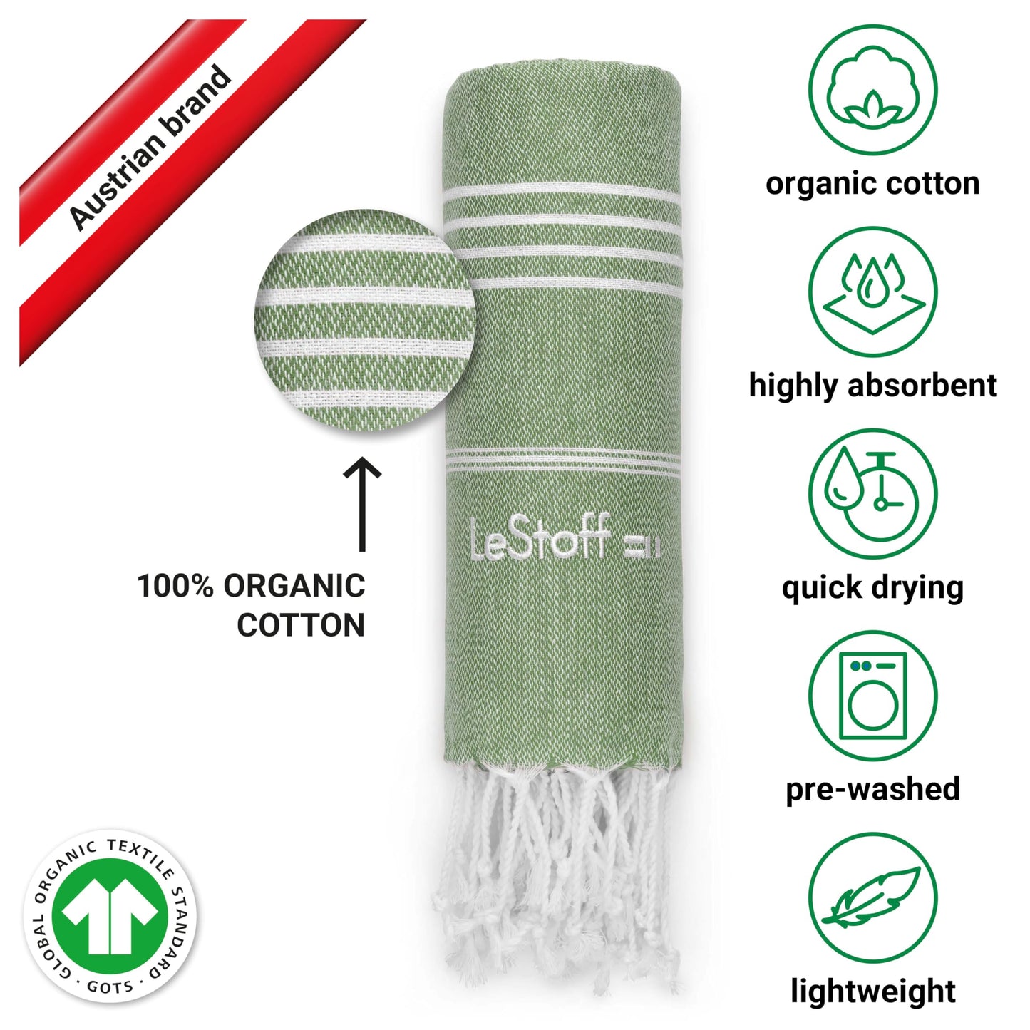 LeStoff Hammam Towel, Camping Towel, 100% Organic Cotton, 95x180 cm, Olive