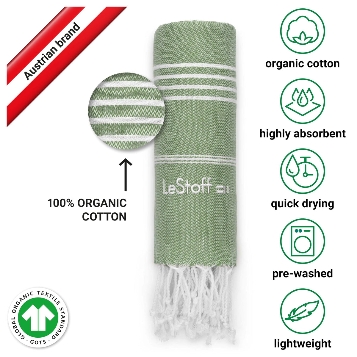 LeStoff Hammam Towel, Camping Towel, 100% Organic Cotton, 95x180 cm, Olive