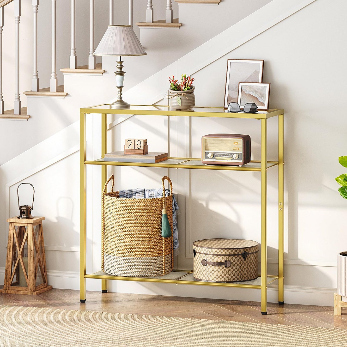 HOOBRO 3-Tier Gold Console Table, Tempered Glass Sofa Table, Narrow Side Table, Modern Hallway Table, for Living Room, Foyer, Hallway, Bedroom