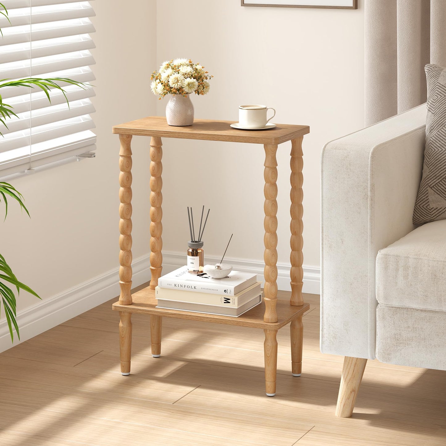 TUTOTAK Narrow Side Table, 2-Tier Small End Table with Storage, Slim Skinny Nightstand for Small Spaces, Living Room, Bedrooms, Natural TB01BN001EU