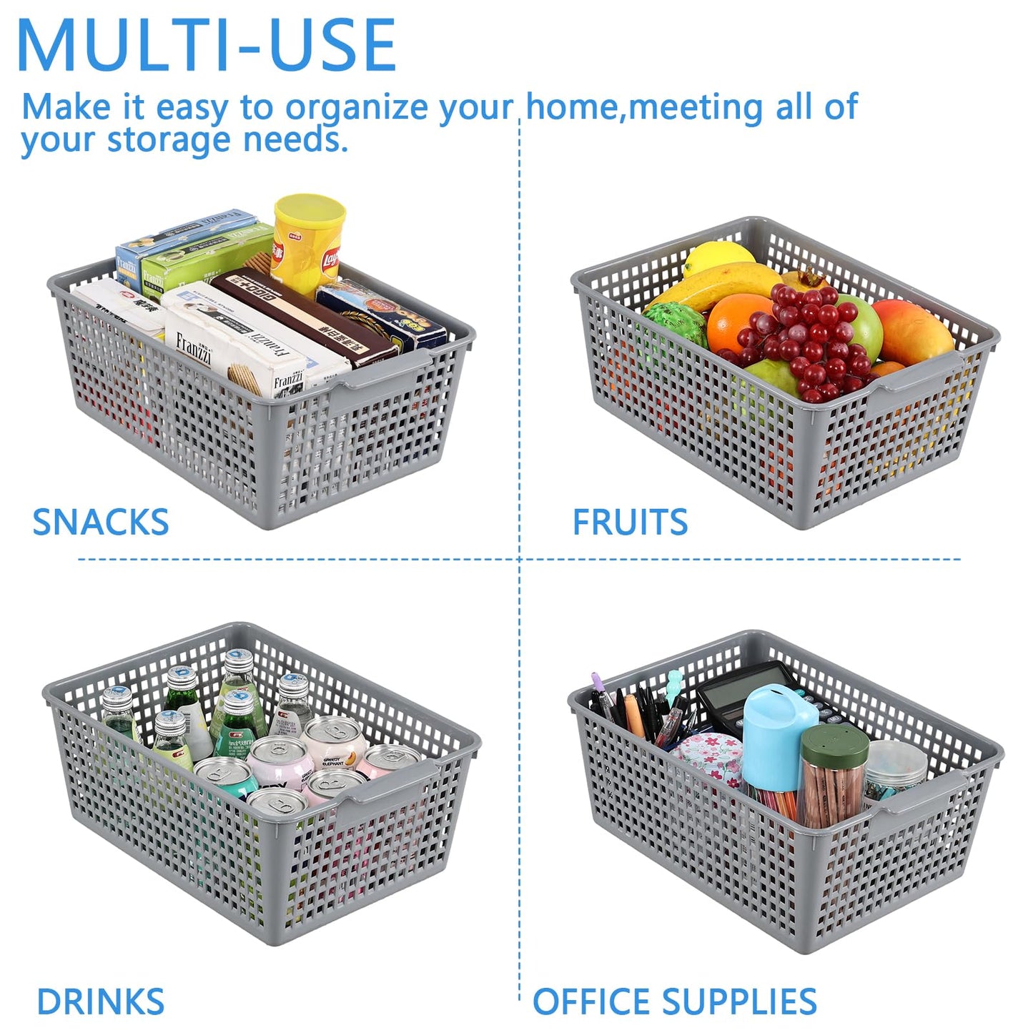 Minekkyes Set of 6 Plastic Cupboard Basket, Large Rectangle Storage Baskets for Home Office Bathroom Shelves(Gray)