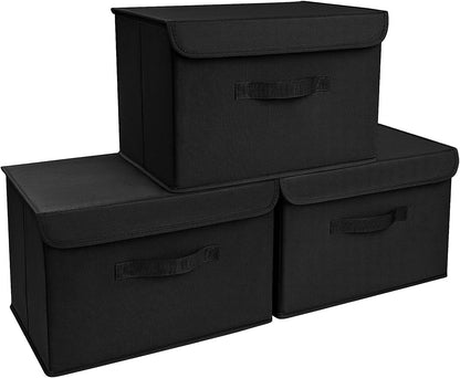 DIMJ 3 Pack Storage Boxes with Lid, Fabric Baskets Closet Storage Bins with Handles Cube Baskets Organization for Home, Office, NurseryBlack