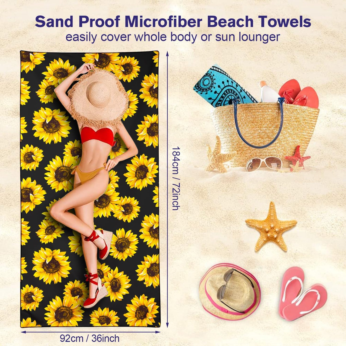 Violetpos Sunflower Print Beach Towel, Extra Large 180x90 cm 250GSM Microfibre, Sand Free Quick Dry