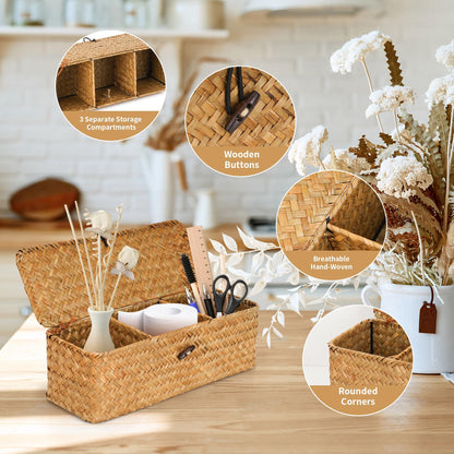 YKUKIZEE Seagrass Storage Basket with Lid, Woven Basket with 3 Compartments