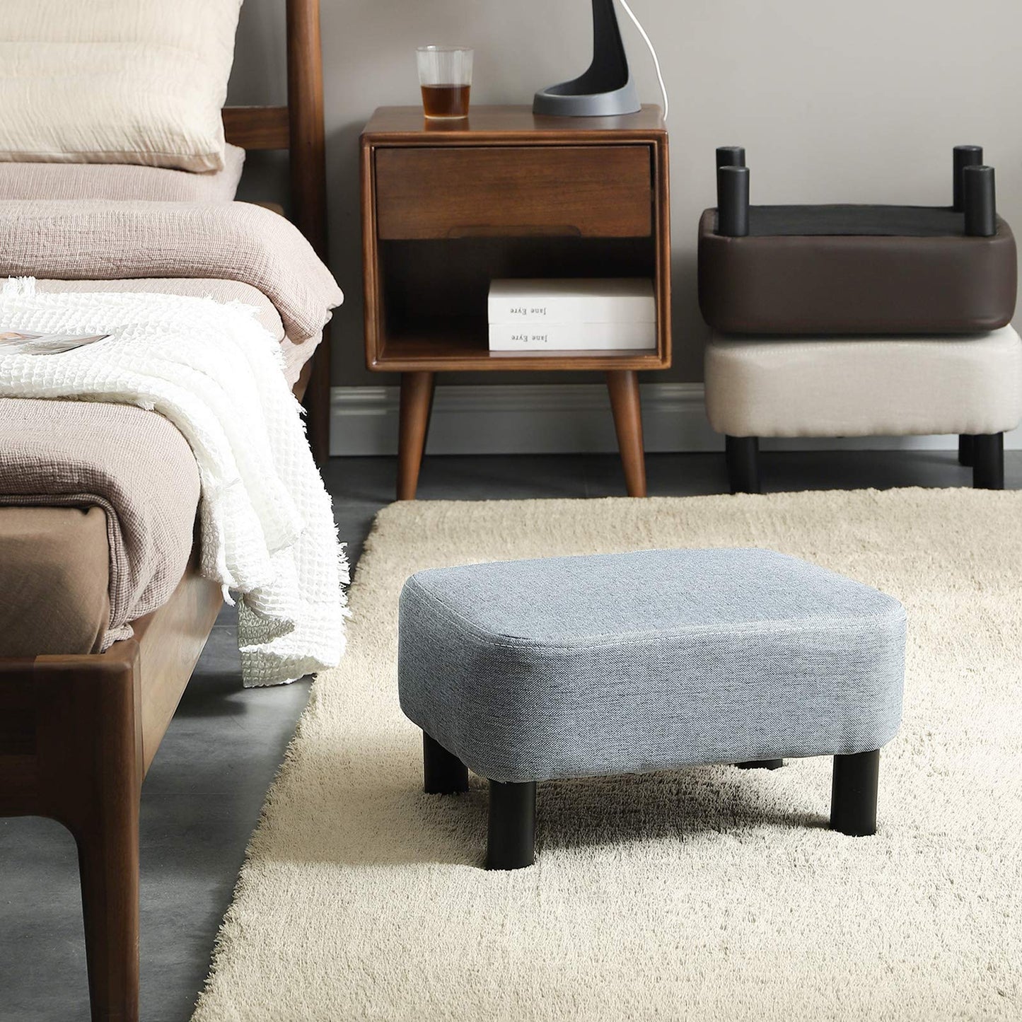 IBUYKE Small Footstool, Linen Fabric Pouf, Rectangle Ottoman with Padded Seat Pine Wood Legs and Padded