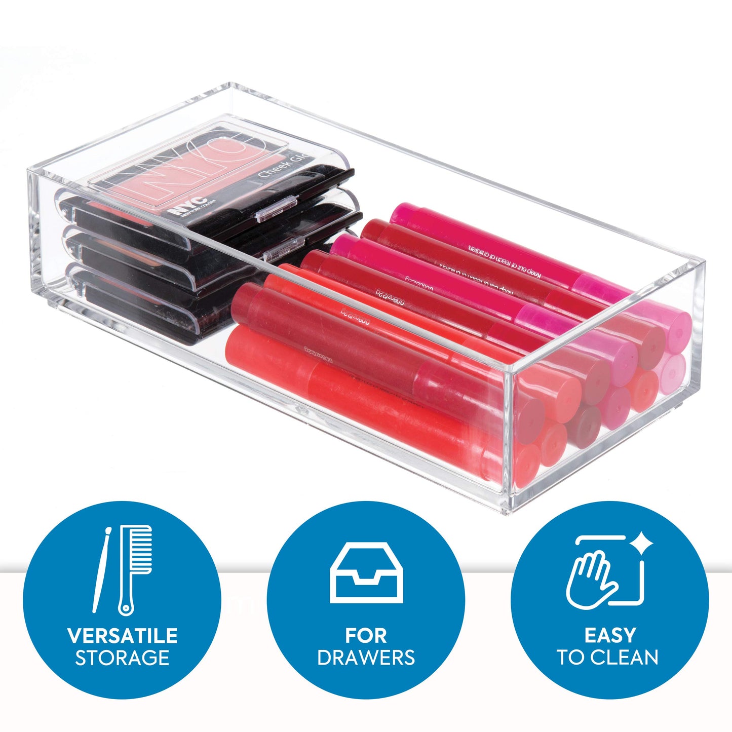 iDesign Makeup Organiser Tray, Small Plastic Drawer Organiser for Cosmetics, Makeup and Accessories, Practical Storage Box for Dressing Table