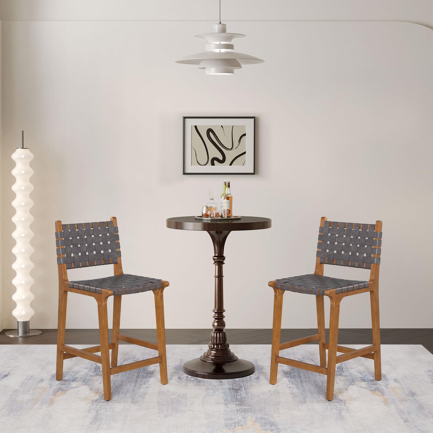 Ball & Cast Woven Counter Stool Kitchen Counter Height Barstool Backrest Wooden Weave Stool, Dark Grey Faux Leather