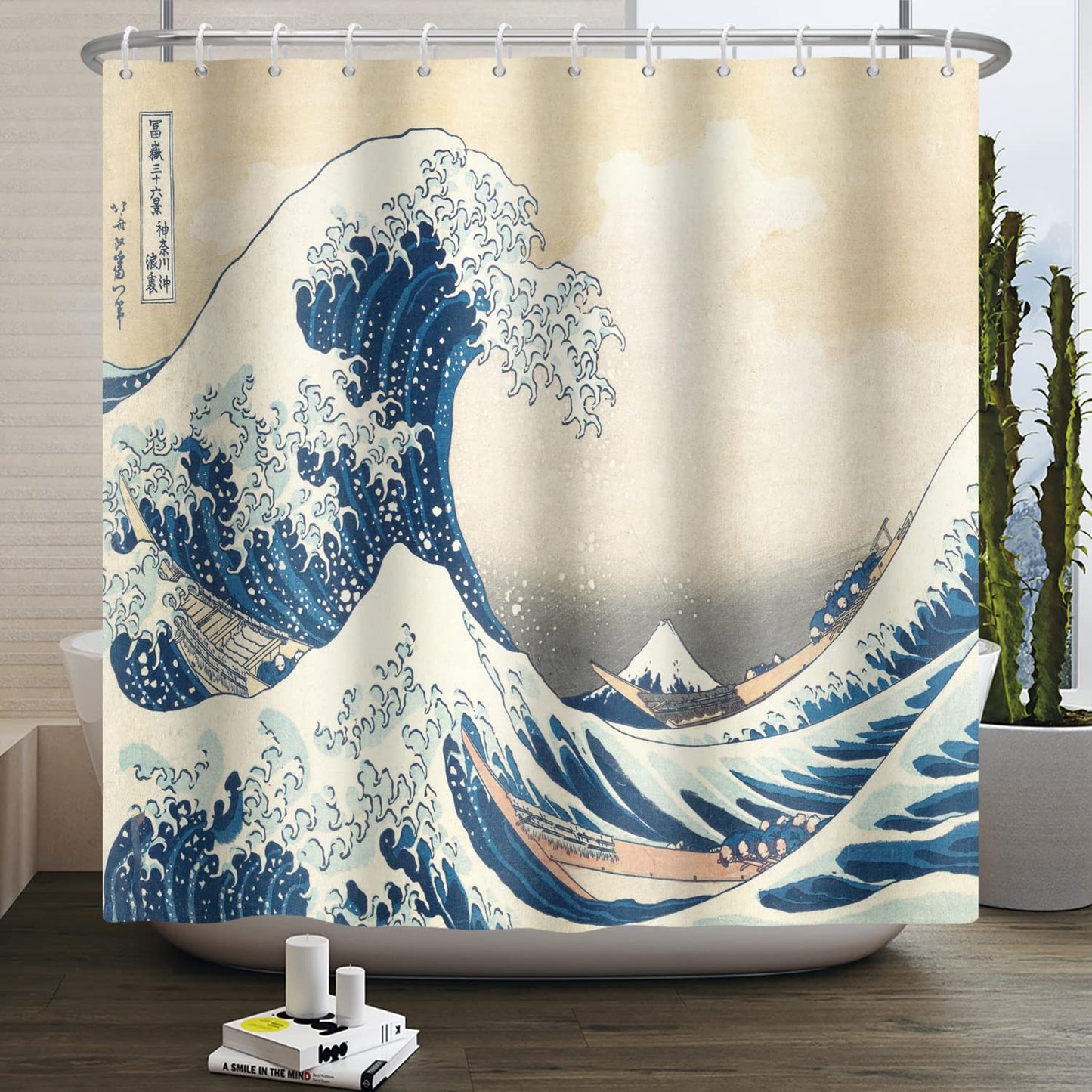 SDOTPMT 72x72inch Japanese Ocean Waves Shower Curtain Abstract Sea Wave Wooden Boat Bath Curtain Ukiyo-e Theme Fuji Mountain Bathtub Curtain for