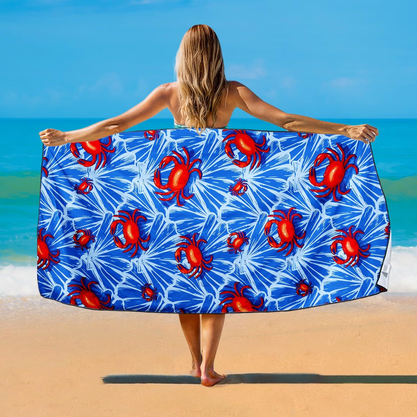 Violetpos Red Crab Print Beach Towel, Extra Large 180x90 cm 250GSM Microfibre, Sand Free Quick Dry