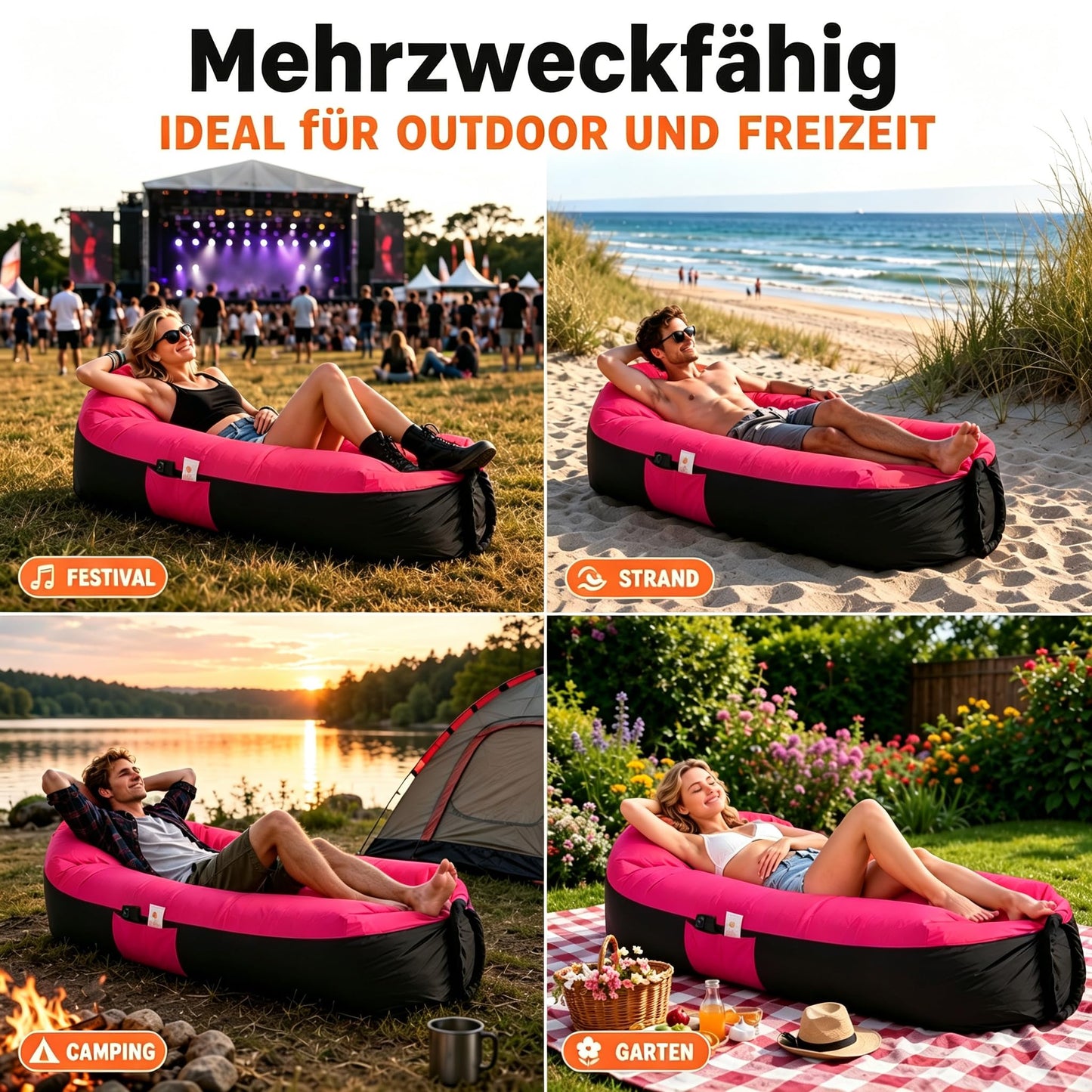 EastCity Inflatable Air Sofa with Headrest and Side Pocket, 230 x 70 cm Inflatable Sofa for Camping, Beach and Festival, Air Lounger with Carry Bag
