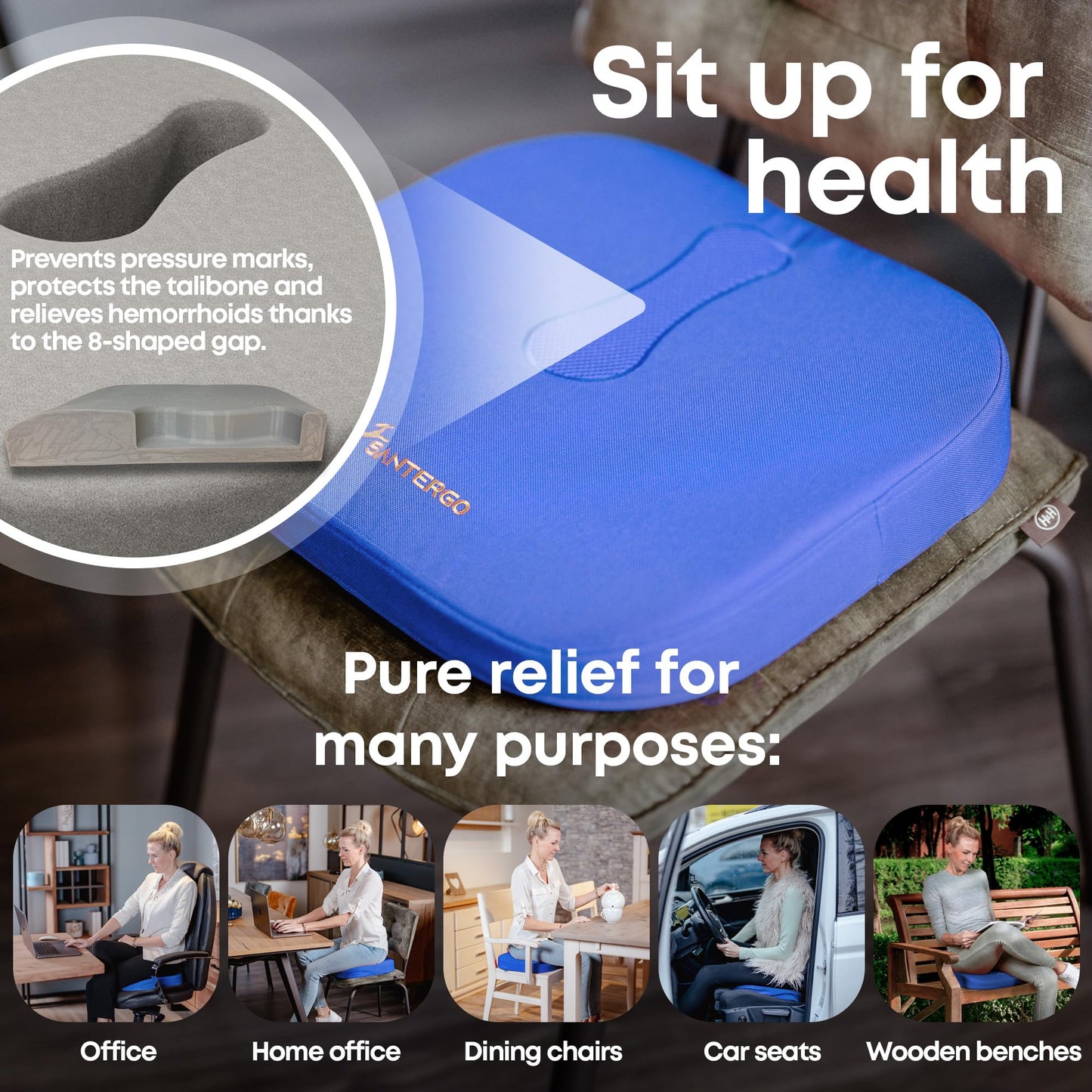 SANTERGO Orthopedic Seat cushion [PATENTED & STABLE] Lumbar Coccyx | Seat cover office chair car wheelchair | seat cushion, ergonomic back cushion
