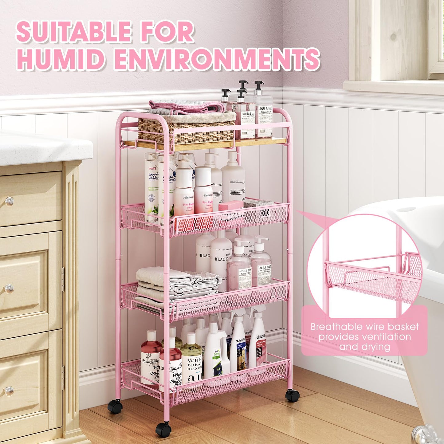 KINGRACK 4-Tier Rolling Cart with Wooden Tabletop & Mesh Baskets, Slide Out Metal Utility Cart