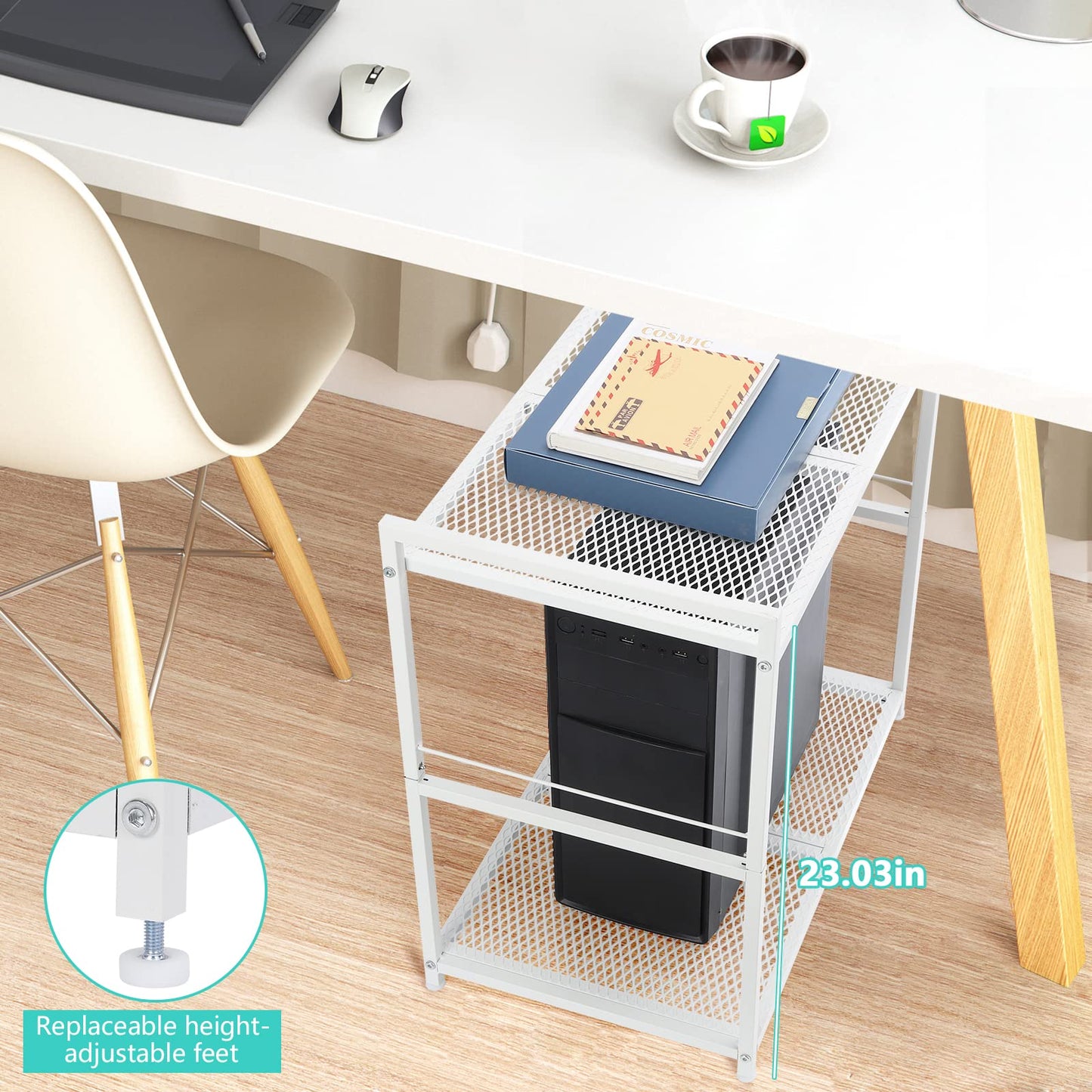 YBING Computer Tower Stand White PC Tower Stand 2 Tier CPU Holder Stand with Wheels Metal Mobile Computer Tower Cart Rolling PC Stand Floor for Fax