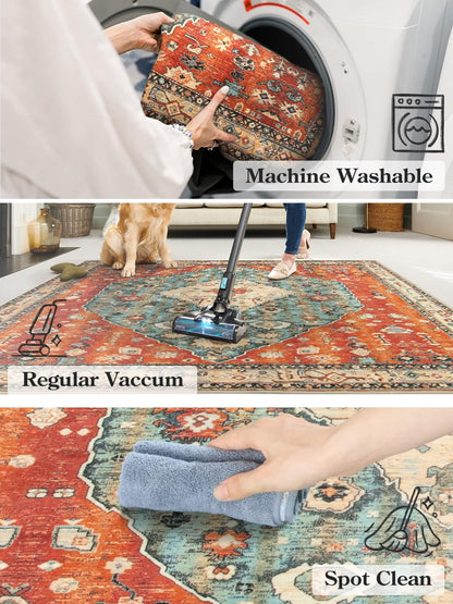 Boho Tribal Area Rug 90x150cm, KIMODE Distressed Entry Throw Rug Bohemian Faux Wool Indoor Accent Rug Non-Slip Washable Low-Pile Carpet for Entrance