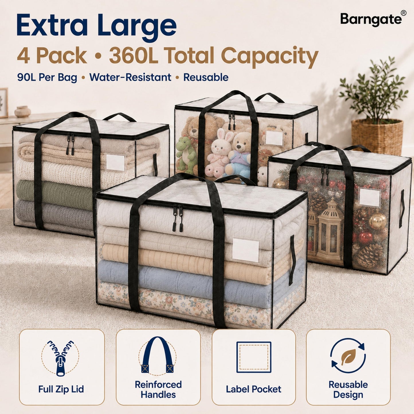 Barngate Extra Large Moving & Storage Bags 4 Pack (90L Each) Heavy Duty