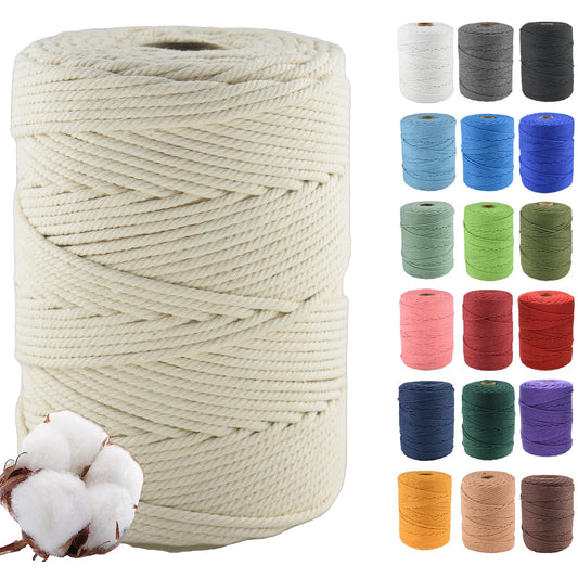 Klhamky 3mm?500m Macrame Cotton Cord, Soft 4 Strand Twisted 100% Natural Cotton for Handmade Wall Hanging, DIY, Craft Making, Knitting, Plant Hangers,
