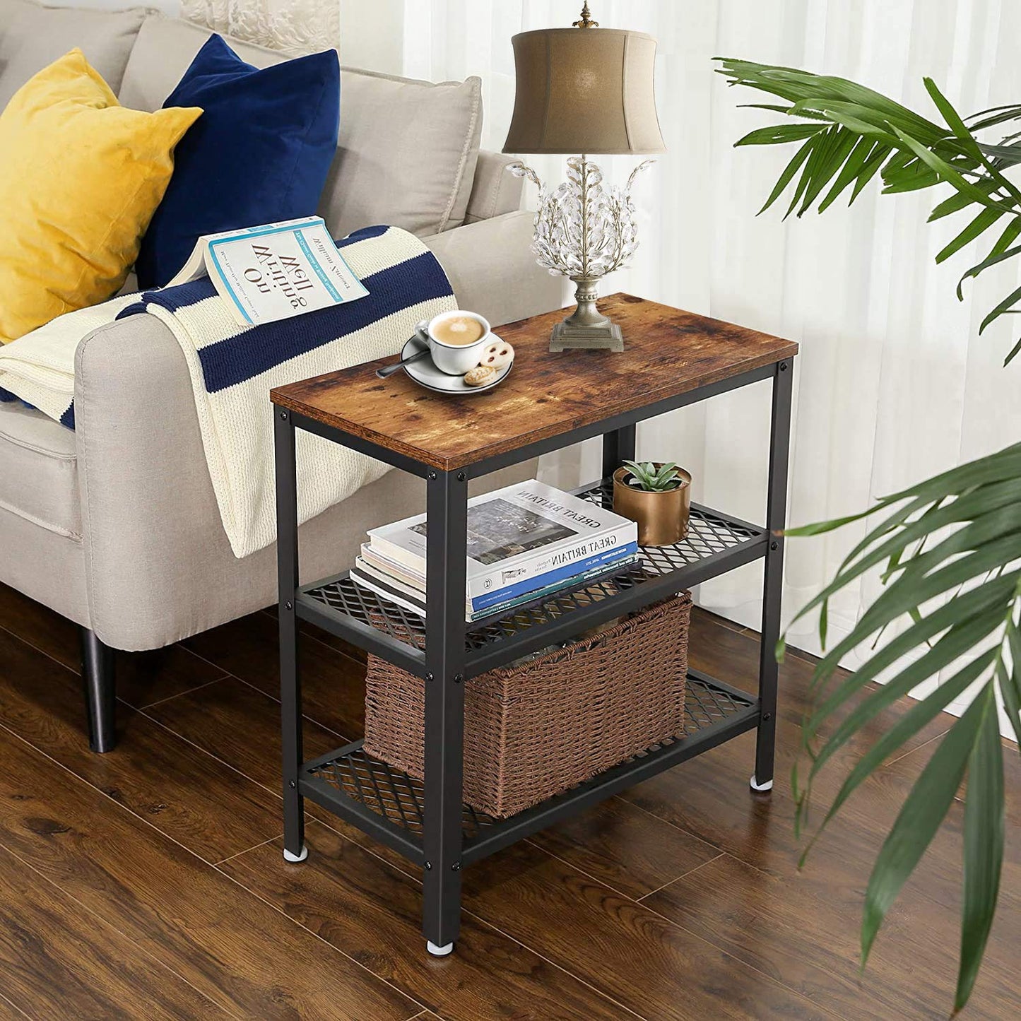 ALPIKA 3-Tier Retro Side Table, Console Table with Storage Rack, Narrow Nightstand for Small Spaces, Mesh Shelf for Living Room, Bedroom, Entryway