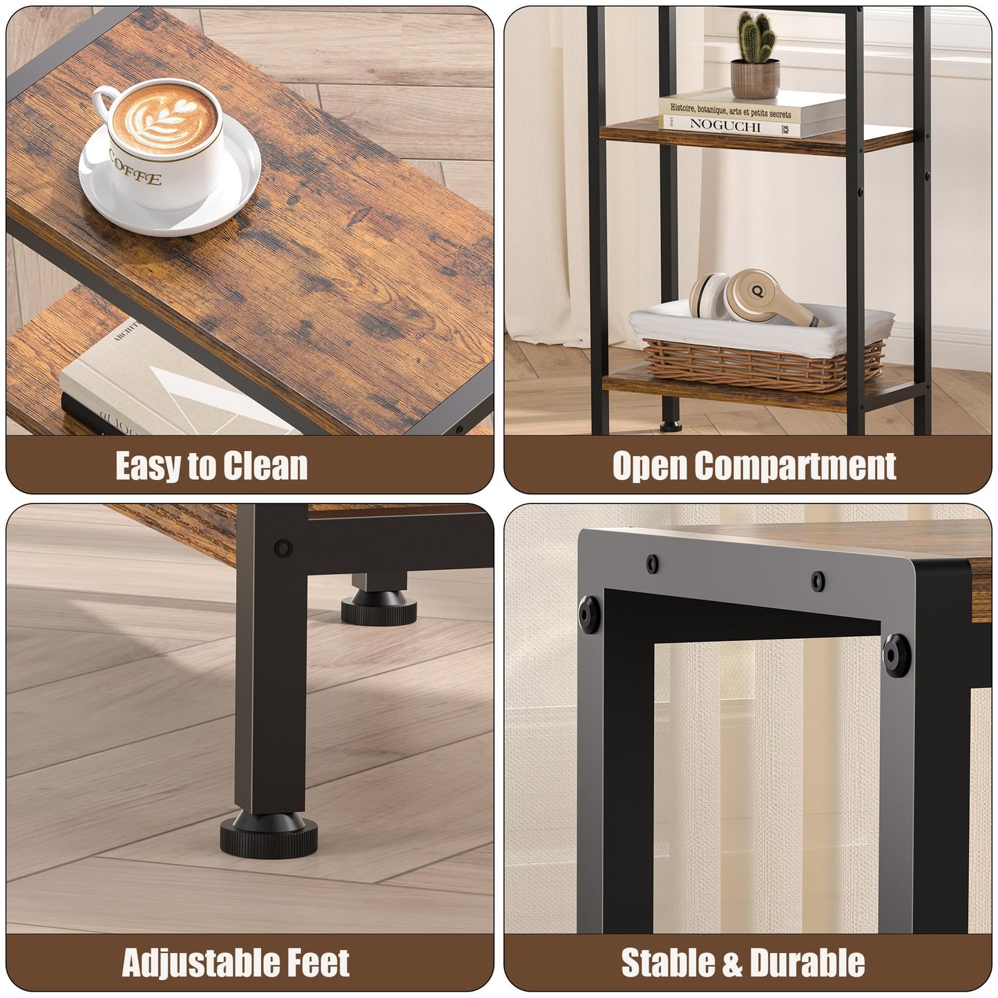 Vantimo 3-Tier Narrow Wooden Side Table, Small Slim End Table with Storage, Skinny Nightstand for Small Spaces, Living Room, Bedroom (Rustic Brown)