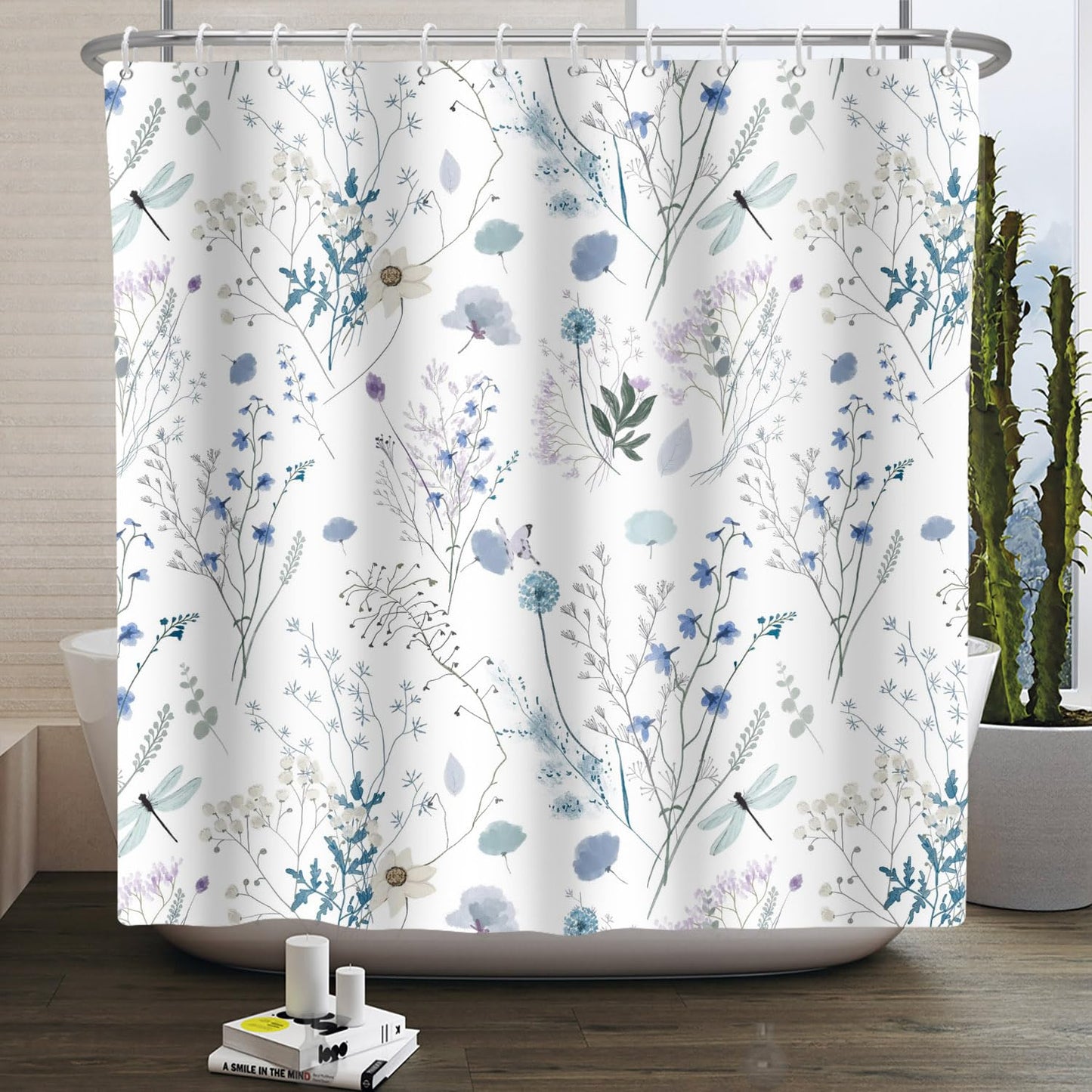Kzzfqxb 152x183cm White Blue Floral Shower Curtains with Plastic Hooks, Botanical Herb Wildflowers Bunches Dragonflies Waterproof Occluded for Bath,