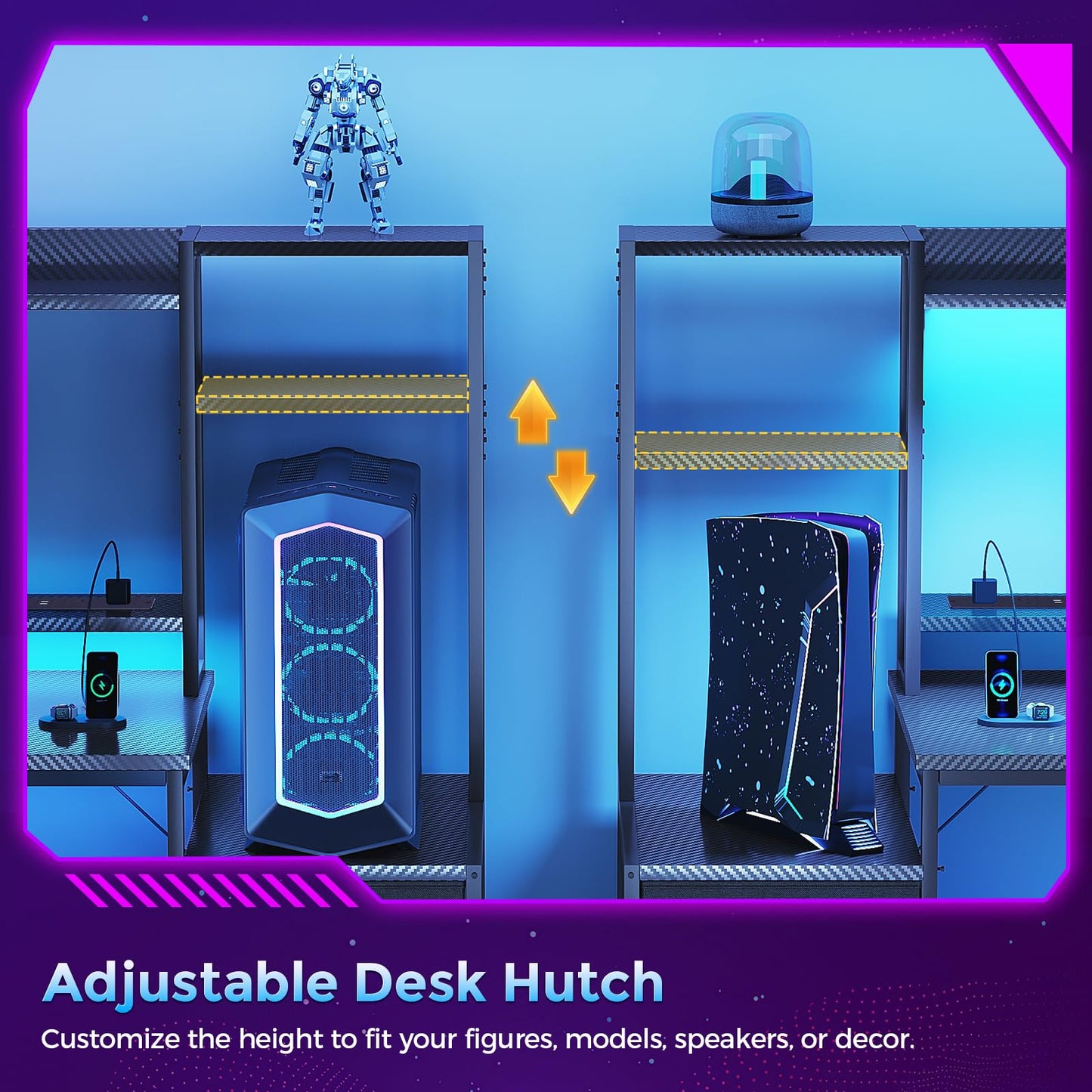 Coleshome Gaming Desk with LED Lights & Display Shelves Carbon Fiber Black