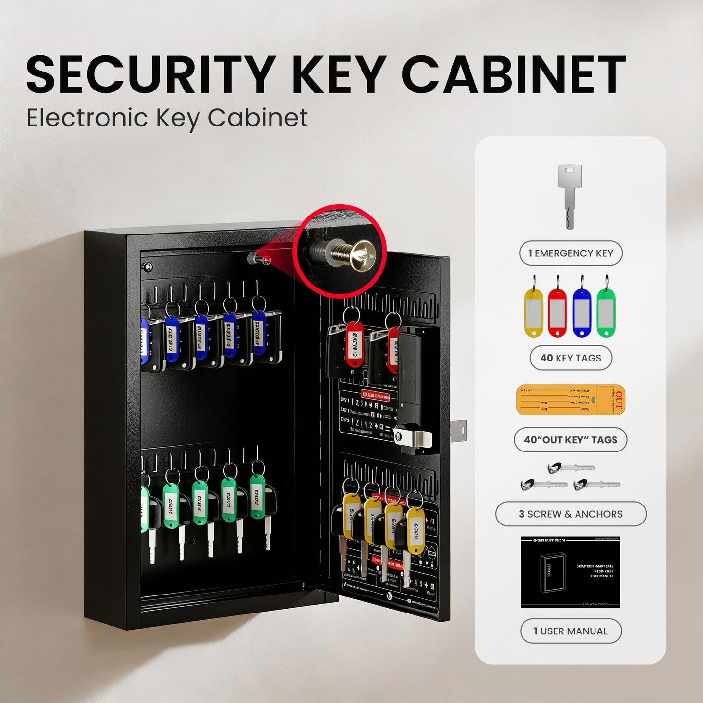 Grimtron Electronic 40 Key Safe Wall Mounted, Black Key Lock Box With Code