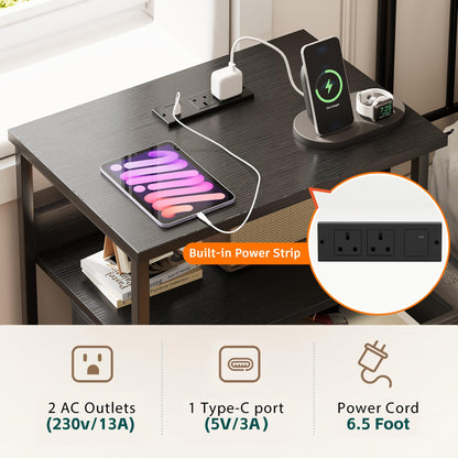 Flrrtenv Bedside Table with Charging Station, Smart Beside Cabinet, Nightstand with 2 Fabric Drawers & LED Light