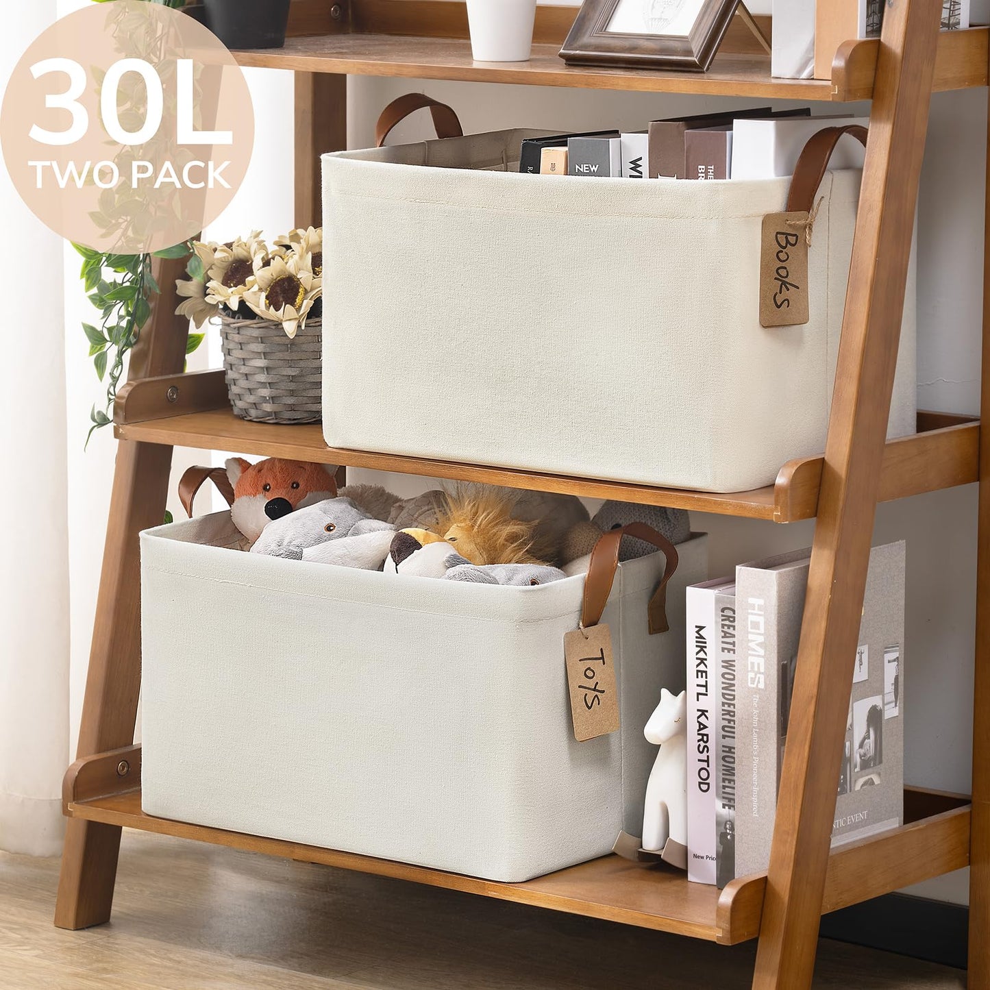 TIMEYARD Large Foldable Fabric Storage Baskets Shelf Bins Beige 2-Pack