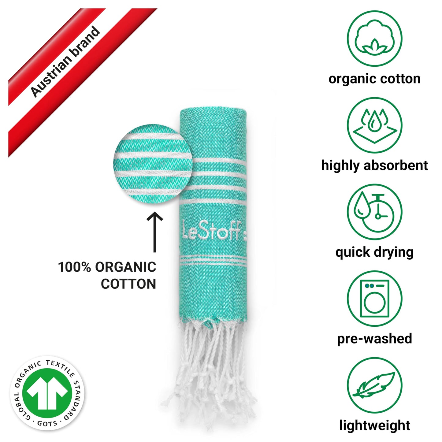 LeStoff Hammam Towel/Guest Towel, 100% Organic Cotton, 50x100, Turquoise