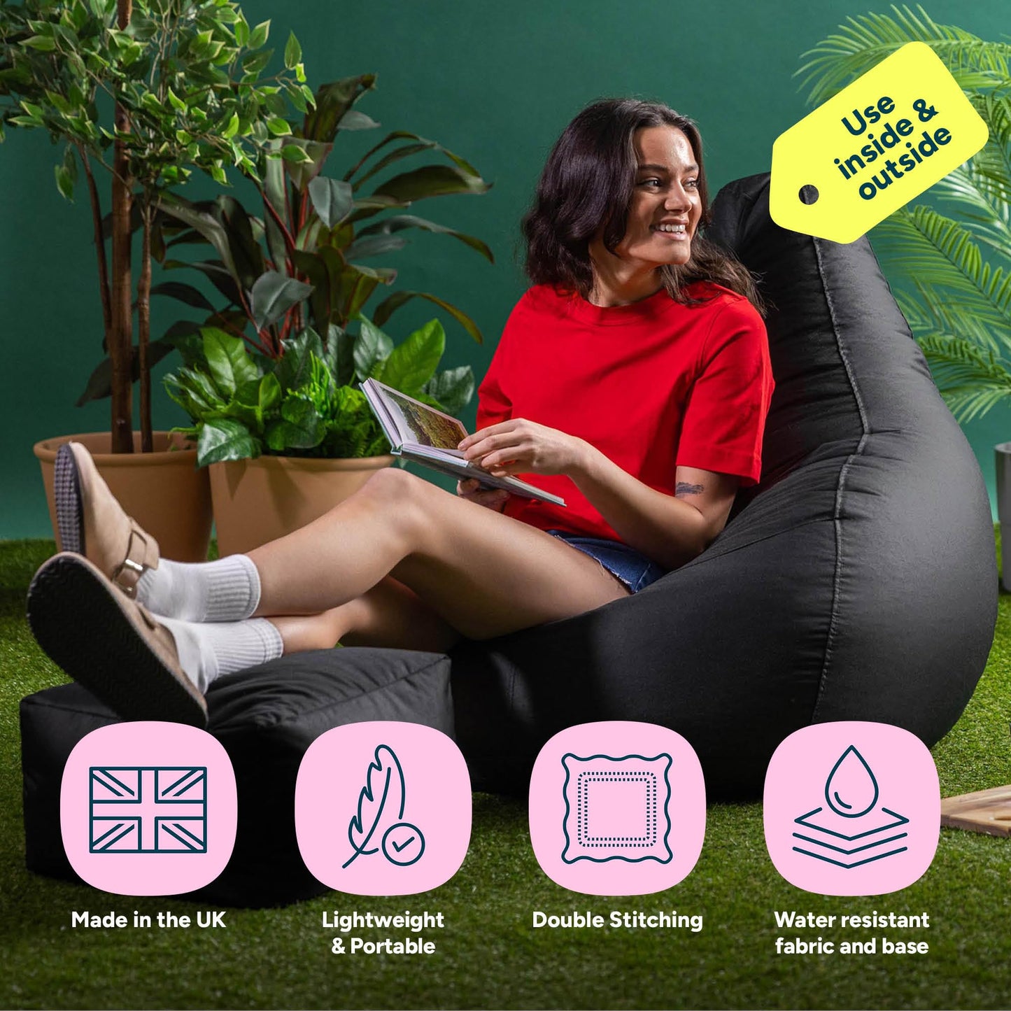 Bean Bag Bazaar Outdoor Bean Bag & Footstool with Filling Included, Black