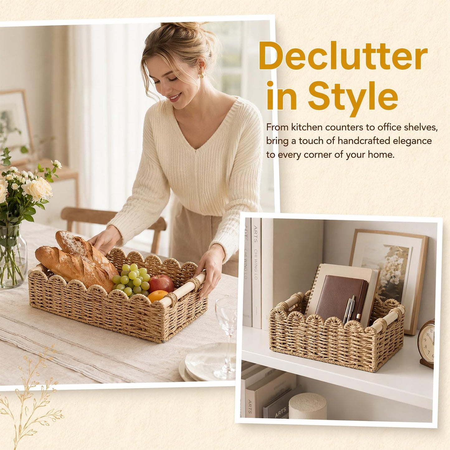 2 PCS Rattan Scalloped Basket, Wicker Storage Basket for Countertop Shelves with Wooden Handles