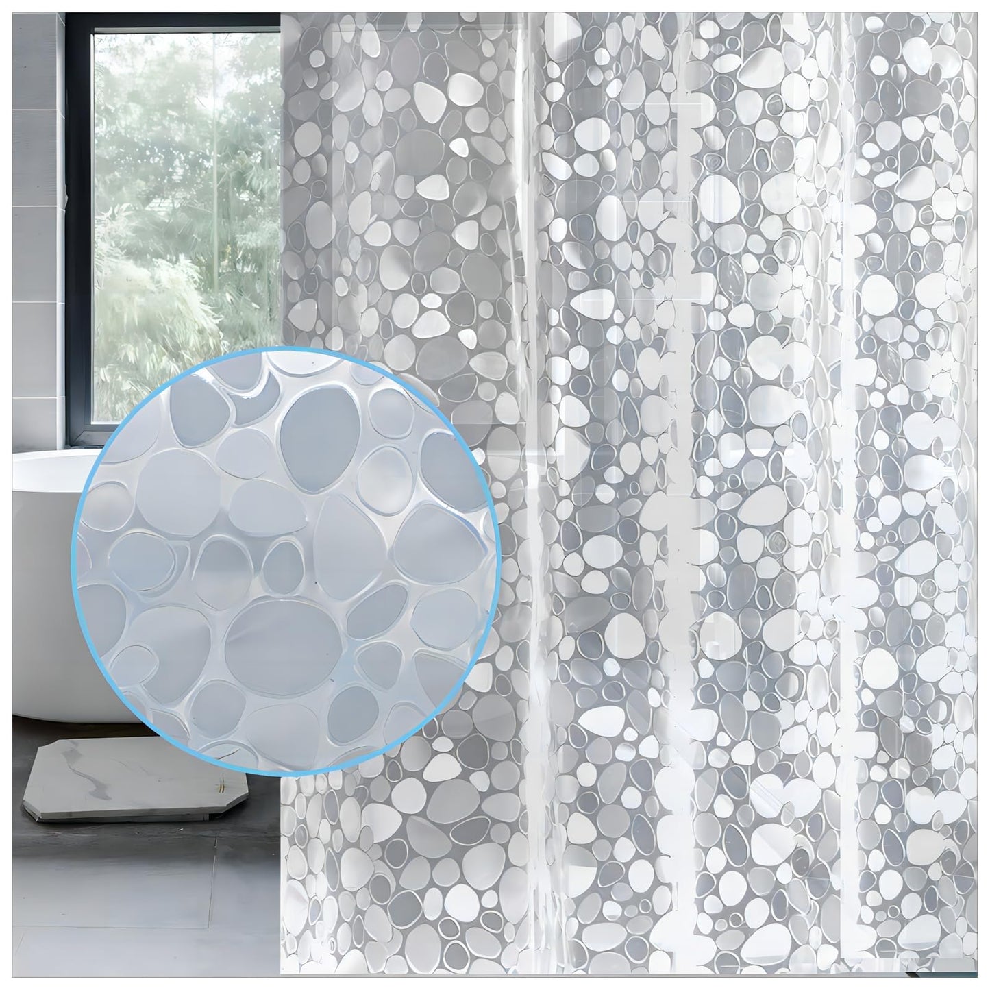 LEMON CLOUD Shower Curtain, PEVA Waterproof and Mould Resistant, Weighted Hem Bathroom Curtains with 3 Magnets and 12 White Plastic Hooks, Cobblestone