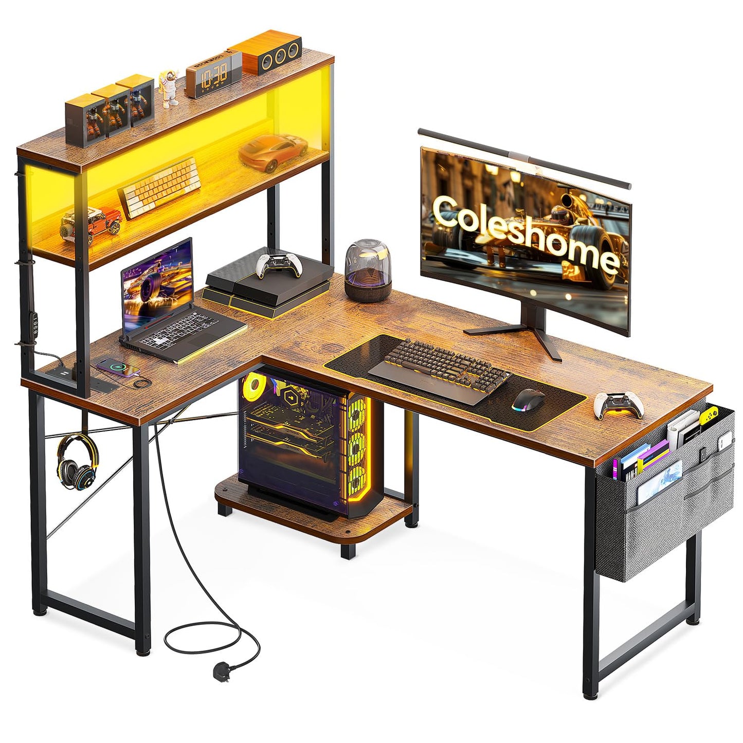 Coleshome L Shaped Gaming Desk with LED Lights & Power Outlet, Brown