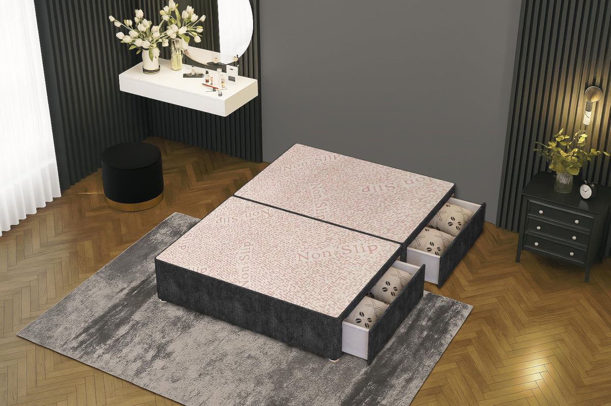 Bed Centre Flexby Divan Bed Base Only with 2 Drawers Same Side, No Headboard - Available in 3FT, 4FT, 5FT & 6FT 3FT Single, Tweed Charcoal Fabric