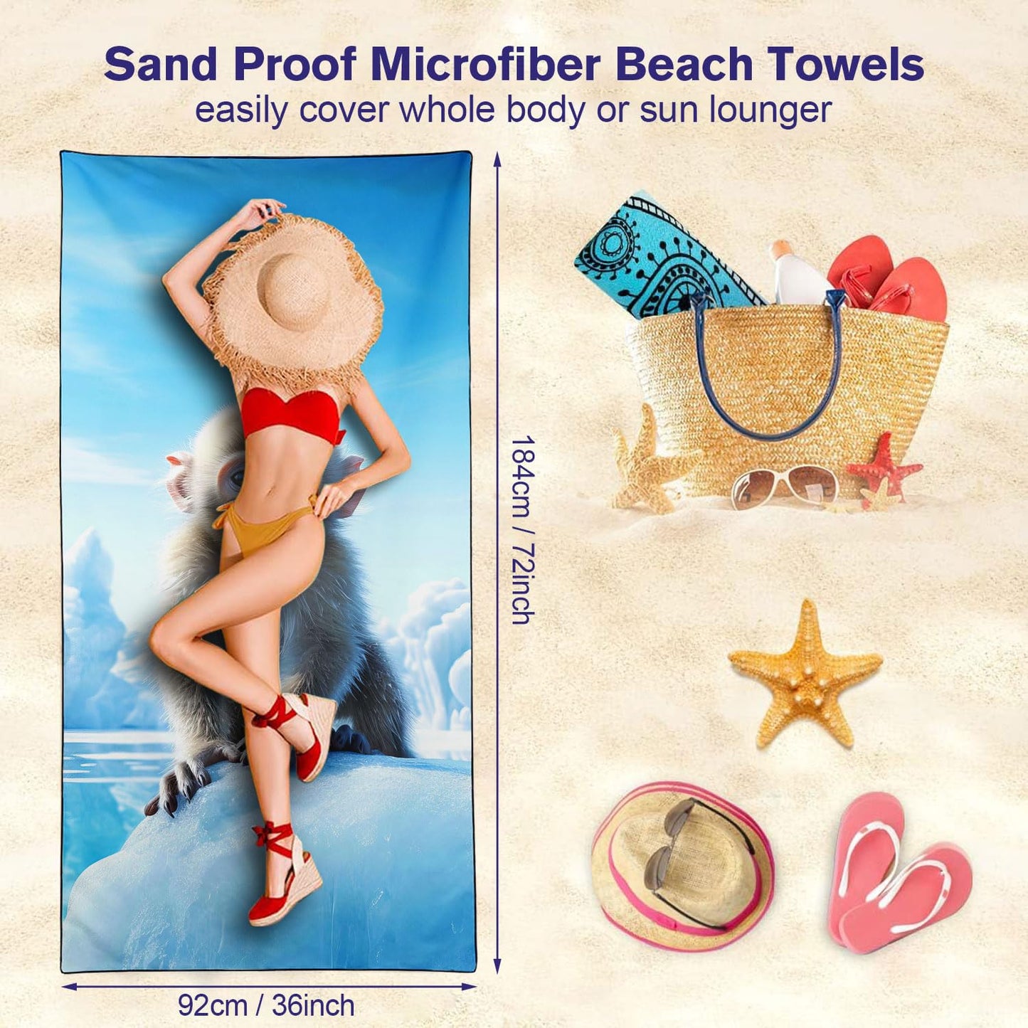 YISUMEI Baby Monkey Beach Towels for Adults Extra Large 180 x 90 cm, Microfibre Quick Dry Towel for Travel Swimming Camping Sports