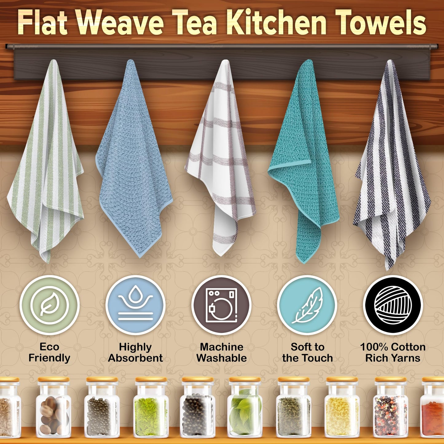KAF Home Mixed Flat & Terry Kitchen Towels | Two Sets of 3 18 x 28 Inches | 4 Flat Weave Towels for Cooking and Drying Dishes