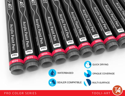Acrylic Paint Pens 22 Red & Pink Tones Assorted Pro Colour Series Markers Set 0.7mm Extra Fine Tip for Rock Painting, Glass, Mugs, Wood, Metal,