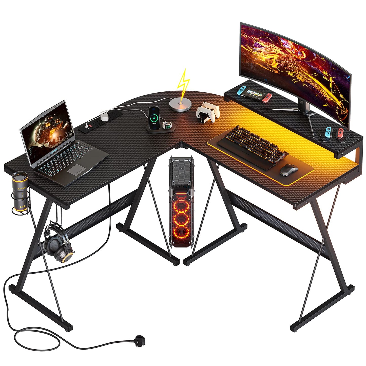 Bestier L Shaped Gaming Desk Computer Desk with LED Lights Monitor Stand 130CM Corner Desk with Cup Holder Headset Hook Ergonomic for Home Office