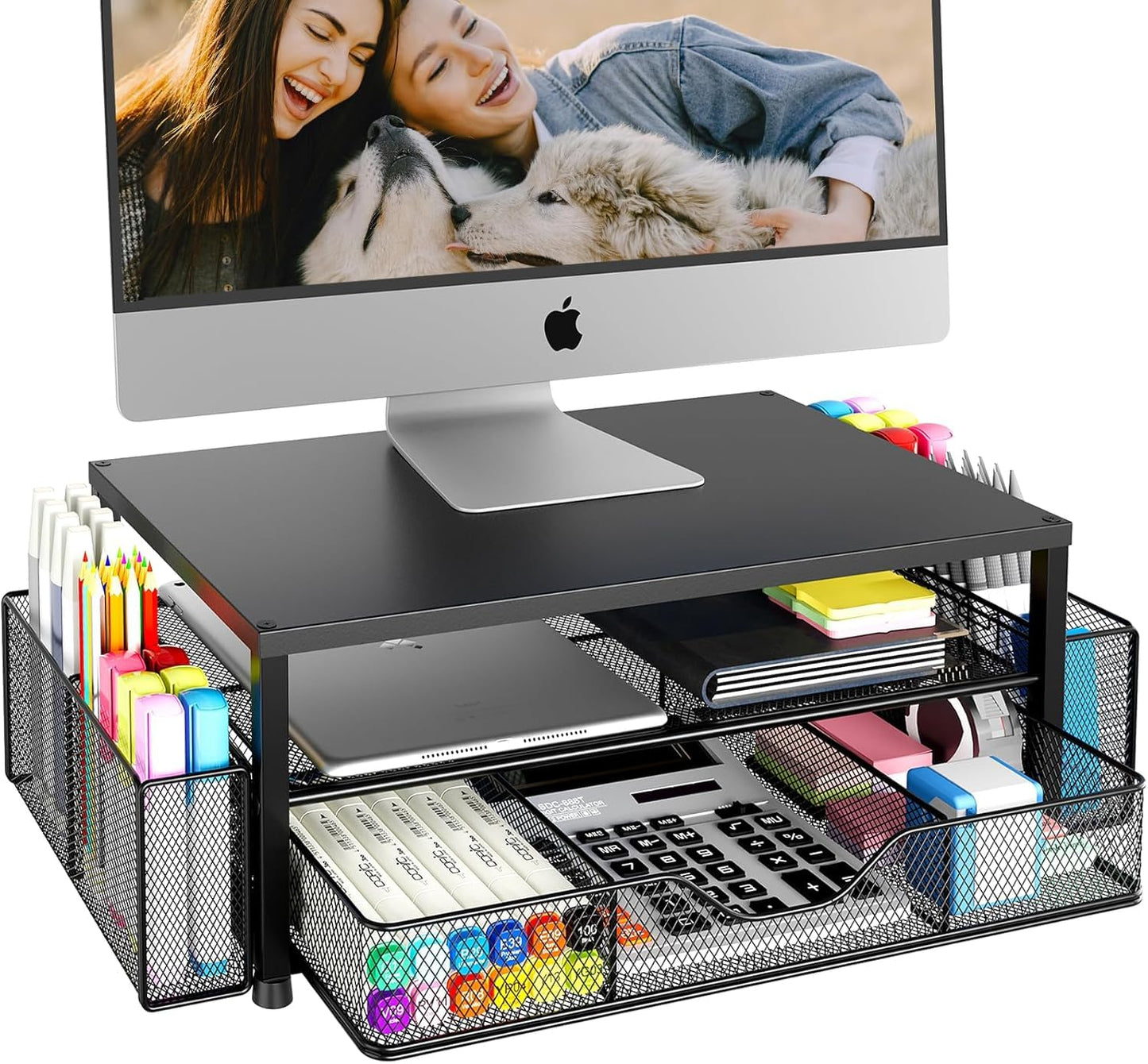 LOFTORY Monitor Stand Riser with Drawer & Pen Holders – Ergonomic Laptop Stand for Desk, Metal Computer Stand Organizer for Office Supplies