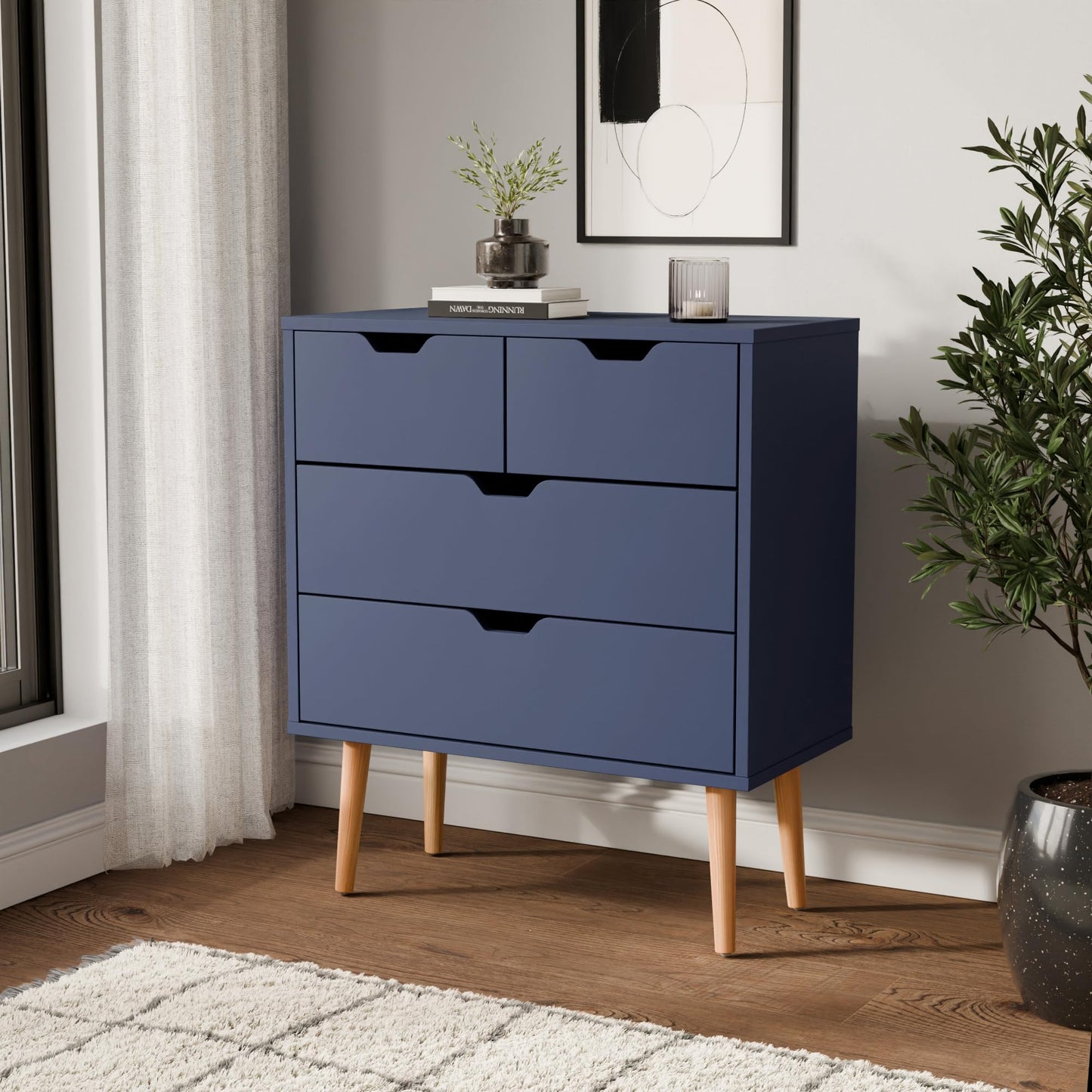 GFW Nyborg 2+2 Drawer Chest of Drawers, Blue Scandi Bedroom Storage Unit with Wooden Legs and Cut-Out Handles