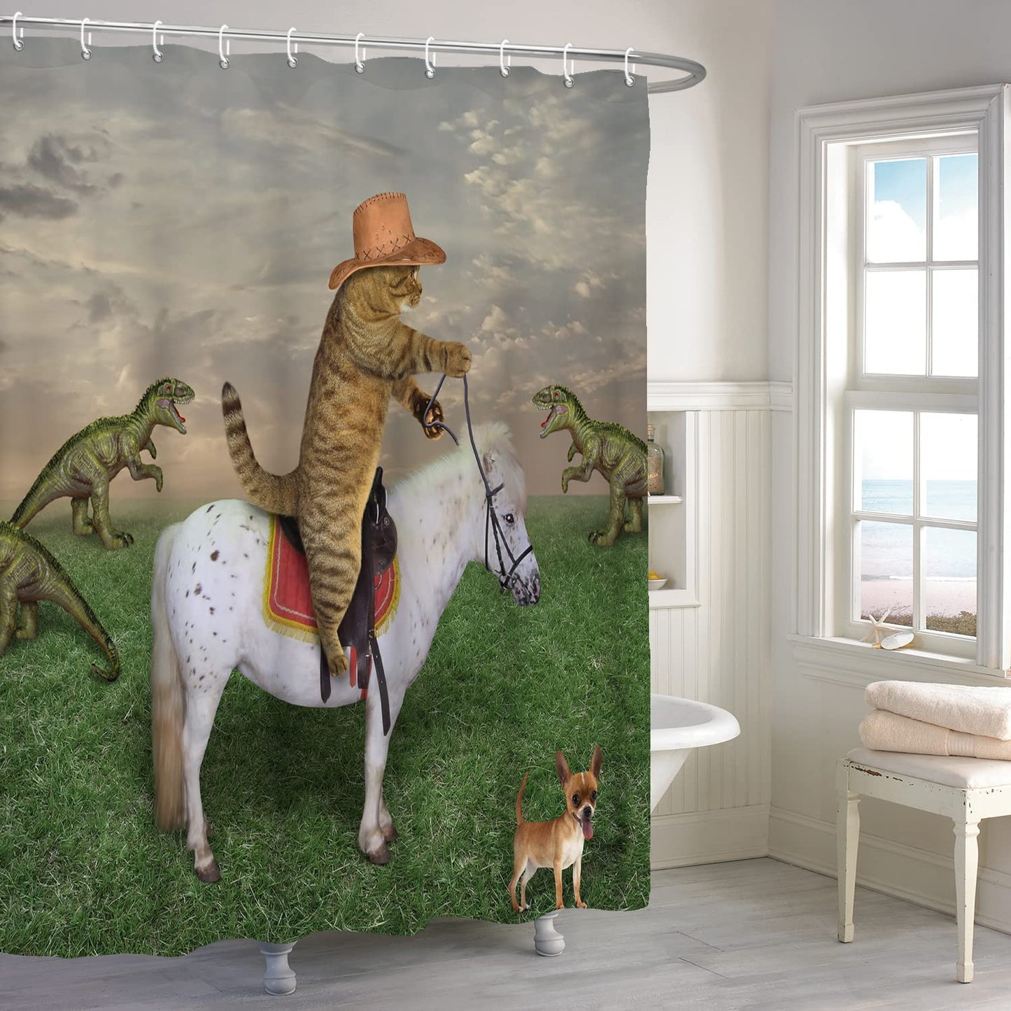 ASDCXZ Shower Curtain Funny 180x180 cm, West Cowboy Farm Funny Cat Ride Horse Washable Textile Bathroom Curtains Polyester Waterproof Shower Curtains