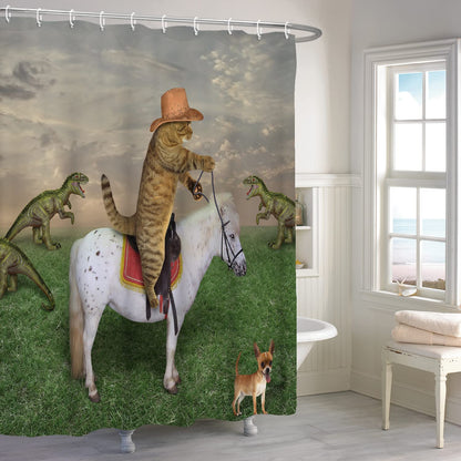 ASDCXZ Shower Curtain Funny 180x180 cm, West Cowboy Farm Funny Cat Ride Horse Washable Textile Bathroom Curtains Polyester Waterproof Shower Curtains