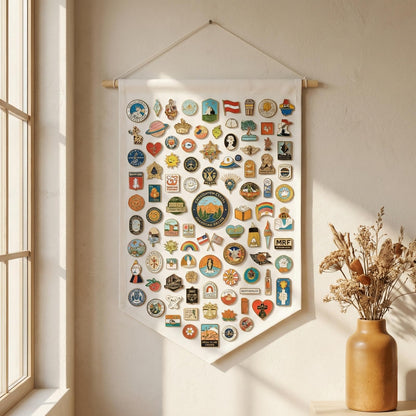 Merzio Wall Hanging Pin Badge Display Canvas Banner,Organizer Holder for Brooch, Glitter Pin, Earrings, Necklace, Badge Collection Storage Case
