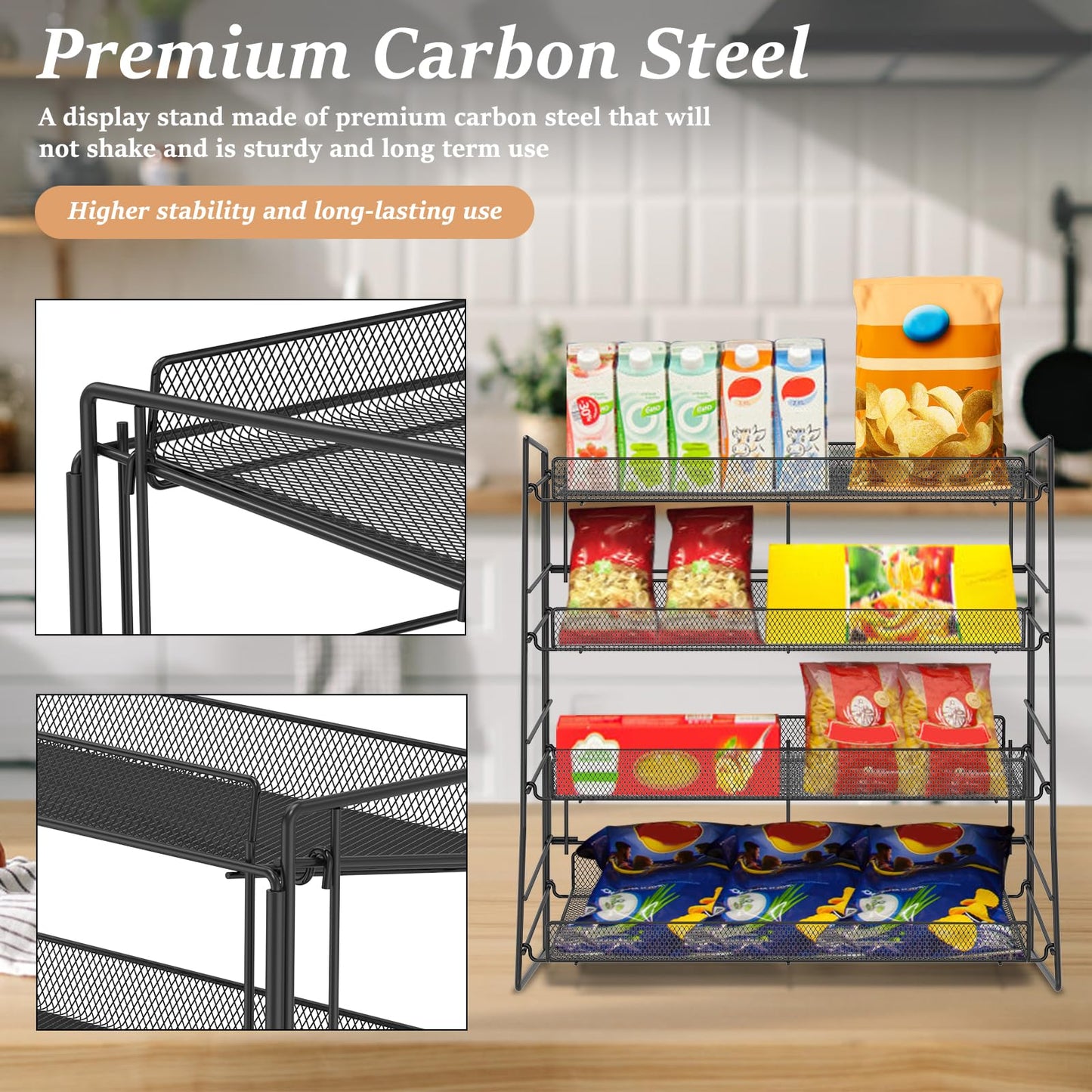 BUTORY 4 Tier Candy Display Rack Stackable Organiser for Snacks Compact Easy to Assemble Countertop Chip Rack Display Stand Chip Bag Holder Snack